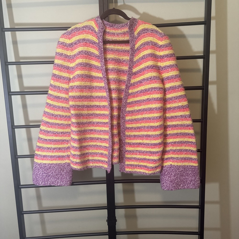 Handmade Knit Cardigan Sweater Whimsical Retro Stripes Long Sleeve Women's Large